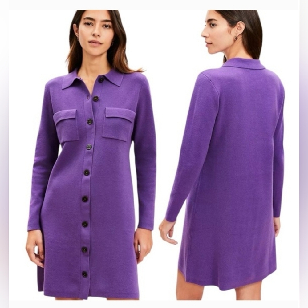 Loft Womens Purple Knit Pocket Mini Sweater Button Up Shirt Dress Long Sleeve S